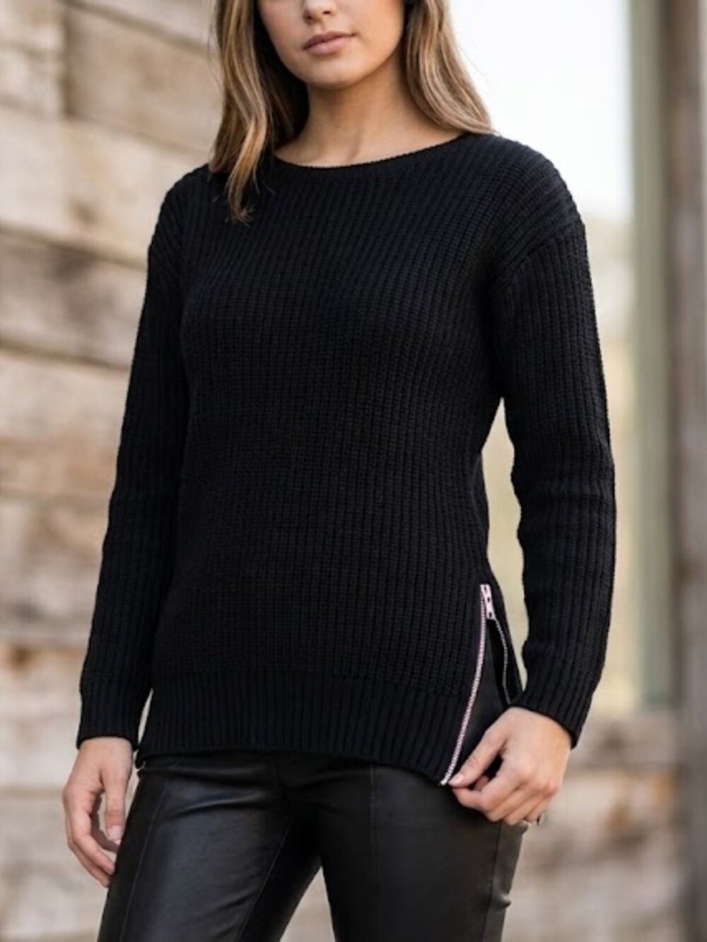 JustFab Black Ribbed Knit Sweater with Side Zippers - Size S